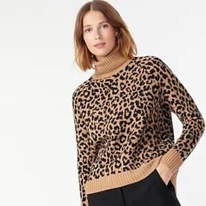 J. Crew Wool Merino Leopard Print Turtleneck Sweater Women Oversized Brown Small